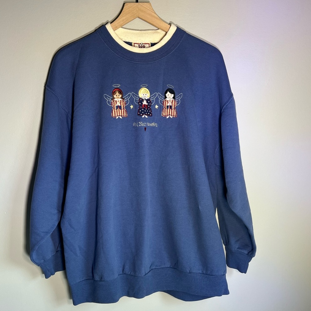 Vintage Top Stitch by Morning Sun God Bless America Angels Collared Sweatshirt